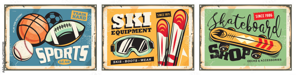 Retro advertisements set for sport and recreation equipment, balls and gear. Sports stores vintage signs design template. Vector illustration.