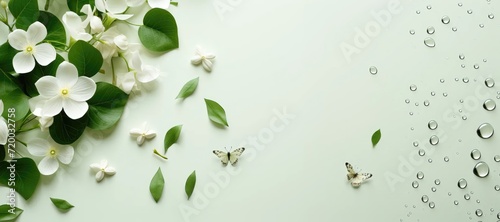 White flowers adorned with water droplets attract butterflies in a scene that offers room for customization, allowing for a personalized touch to this delicate and enchanting composition.