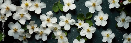 In an overhead shot, raindrops delicately cling to white wildflowers, creating a captivating and refreshing scene that captures the beauty of nature during a gentle rain.