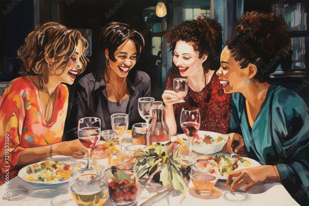 illustration of a group of women having dinner and drinking together, laughing and chatting illustration of a group of women having dinner and drinking together, laughing and chatting