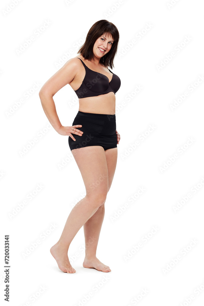 Portrait, smile and confident plus size woman in underwear in studio isolated on a white background mockup space. Happy person, model and body positivity, health and natural beauty of young girl Portrait, smile and confident plus size woman in underwear in studio isolated on a white background mockup space. Happy person, model and body positivity, health and natural beauty of young girl