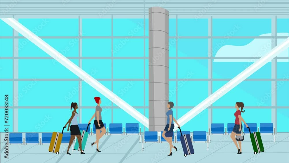 Women people walking in the airport, cartoon animated scene, travel background Women people walking in the airport, cartoon animated scene, travel background