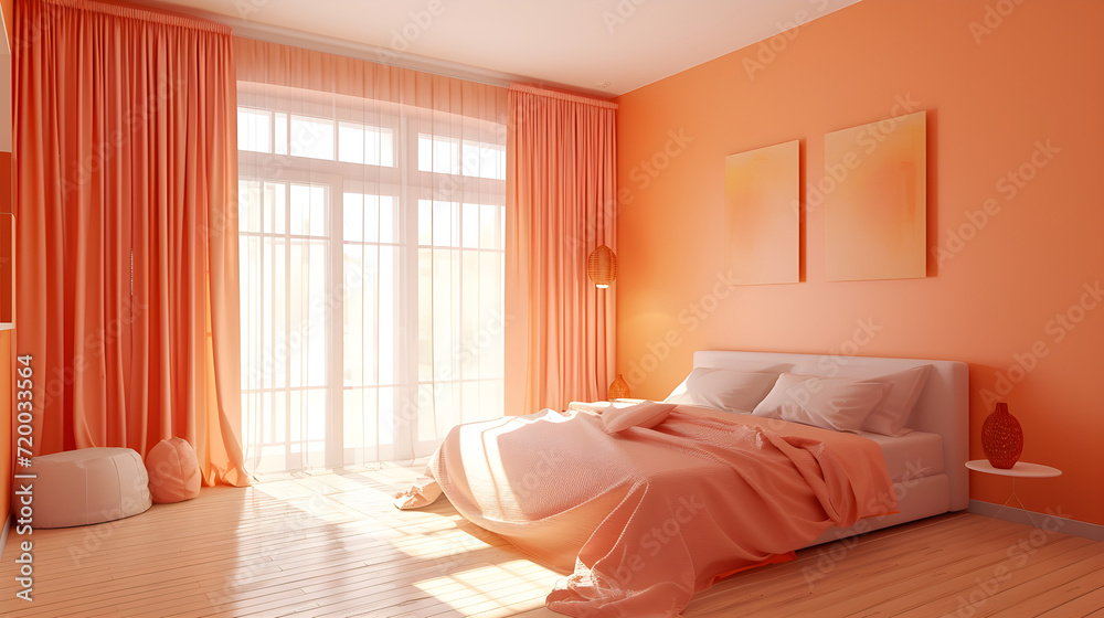 Beautiful bedroom design in peach fuzz color