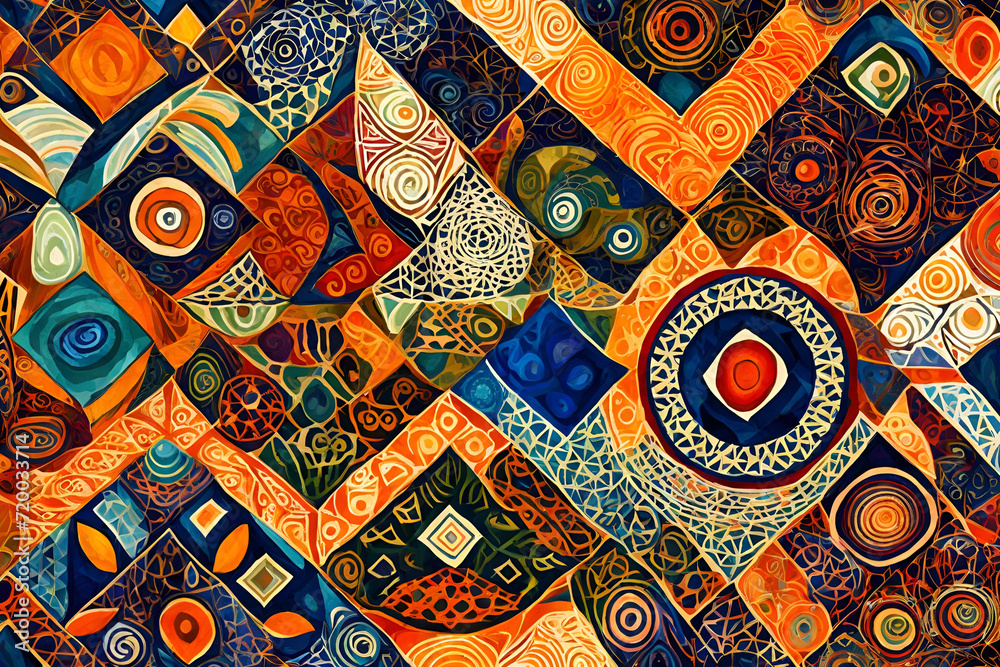 Abstract background with geometric shapes including spirals diamonds and concentric circles. batik inspired illustration. Abstract background with geometric shapes including spirals diamonds and concentric circles. batik inspired illustration.