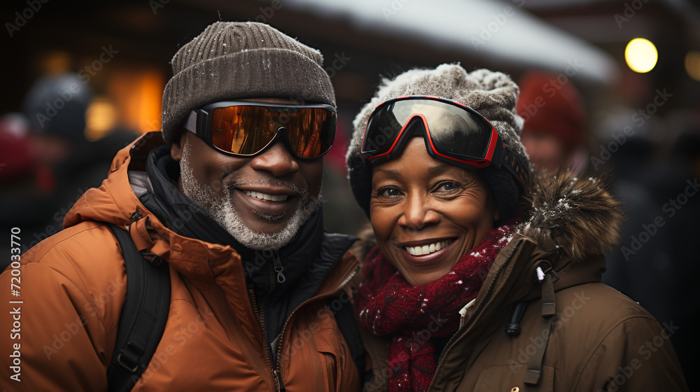 Happy mature couple skiing in the Alps mountains. Senior man and woman enjoying ski vacation in alpine resort. Active retirement. Healthy winter sport for every age. Happy mature couple skiing in the Alps mountains. Senior man and woman enjoying ski vacation in alpine resort. Active retirement. Healthy winter sport for every age.