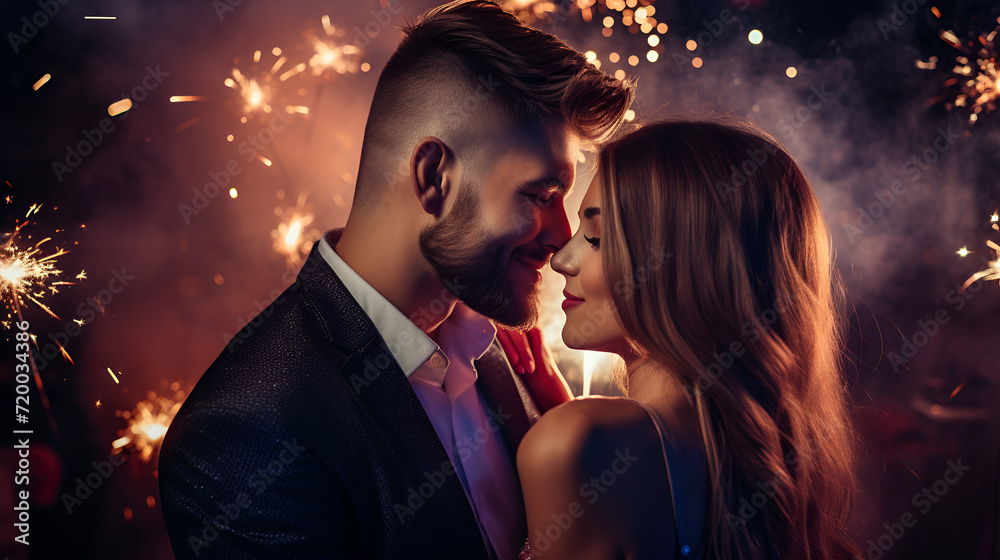 Young happy attractive couple hugging against the background of sparklers and fireworks. Photo of gentle guy hugging girlfriend, looking, enjoying holiday, lighting, evening festive clothes