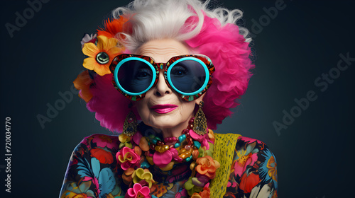cool emphatic bright senior lady posing isolated in studio on dark background, mature woman in sunglasses looking at camera and smiling while going to party