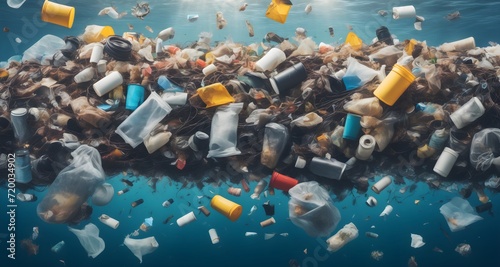Floating plastic garbage in the ocean or sea. Environmental problem of ocean pollution. photo