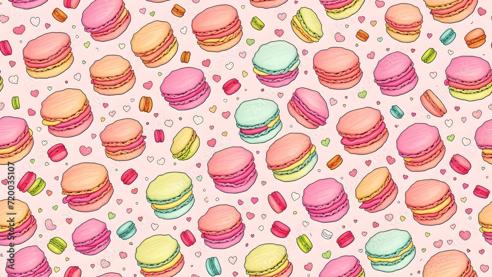 Close up of colorful macaroons. Macarons pattern flat lay. Seamless pattern for bakery, pastry shop, confectionery, wrapping paper or packaging