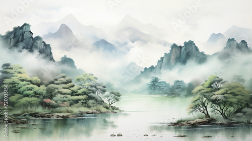 Green Chinese ink landscape painting
