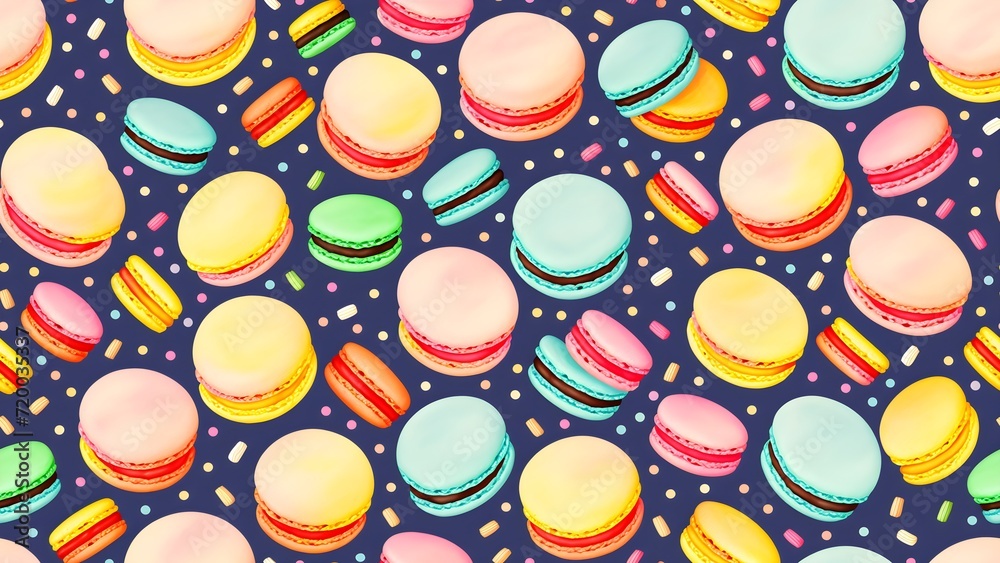 Close up of colorful macaroons. Macarons pattern flat lay. Seamless pattern for bakery, pastry shop, confectionery, wrapping paper or packaging Close up of colorful macaroons. Macarons pattern flat lay. Seamless pattern for bakery, pastry shop, confectionery, wrapping paper or packaging