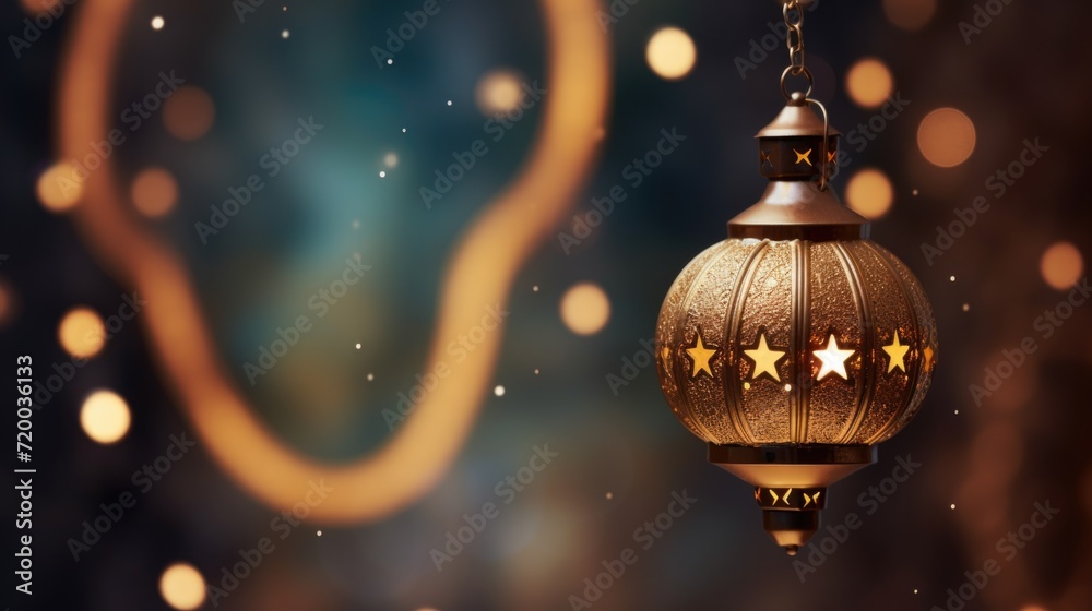 Islamic lantern candle lamp in the night with glowing stars on the dark background, Eid and Ramadan Mubarak concept Islamic lantern candle lamp in the night with glowing stars on the dark background, Eid and Ramadan Mubarak concept
