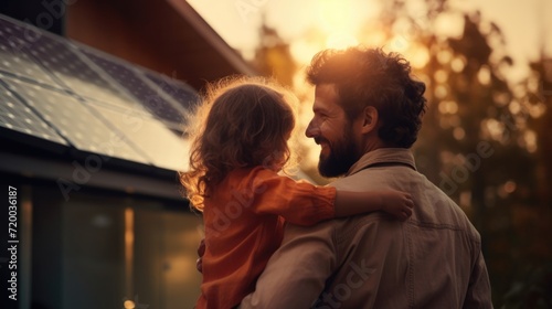Closeup rear view of man holding his little daughter and showing her house with solar panels on the roof photo