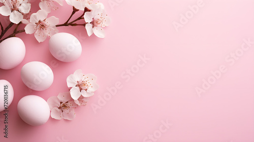 Ester Decor concept. Top view photo of white natural eggs and cherry branch on isolated pastel pink background with empty space in the middle