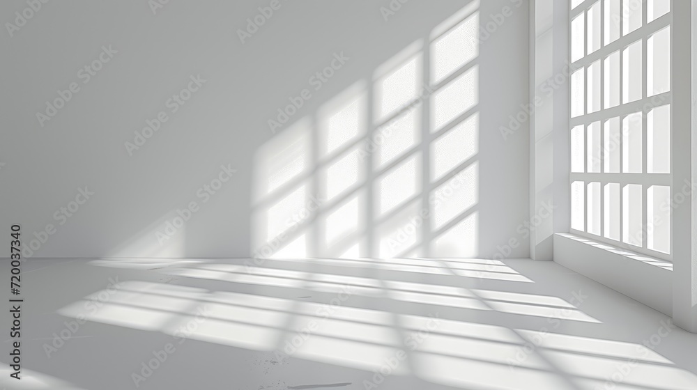 Abstract white studio background, empty gray room with shadows of window Abstract white studio background, empty gray room with shadows of window