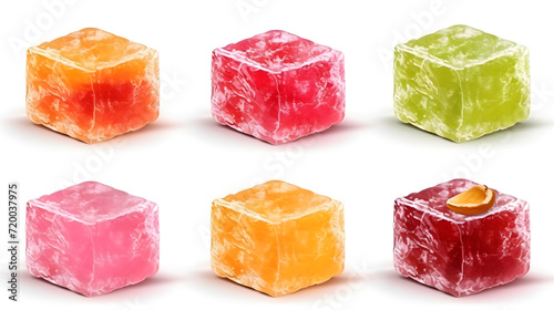 Traditional Turkish delight isolated on white background. assorted Sweet, delicious lokum of different colors and flavors. Turkish sweets photo