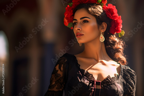 Woman dressed as flamenco for the April fair in Seville