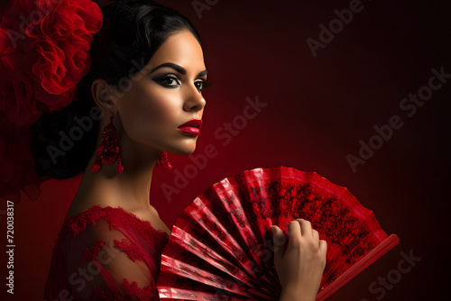 Woman dressed as flamenco with red fan