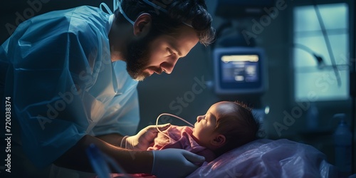 Tender moment in neonatal intensive care unit. healthcare professional with newborn. medical care, compassionate touch. AI