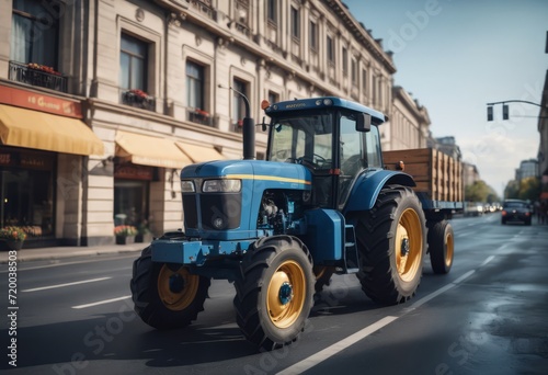 Blue tractor on the road with front loader up in the air buildings within background city