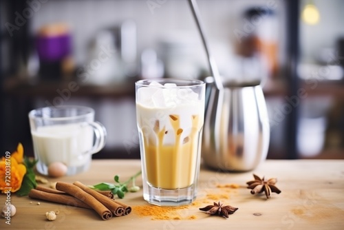 iced chai latte beside ingredients: spices, tea, milk