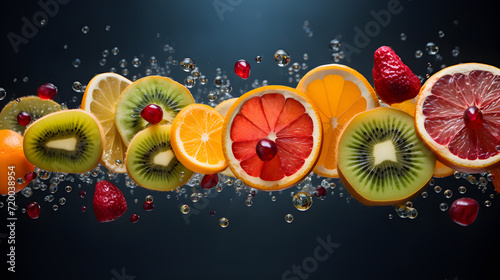 Assortment of different fruits and berries  flat lay  mid-air  side view  orange  grapefruit  pomegranate  orange  lemon  kiwi  strawberry  isolated on blue background