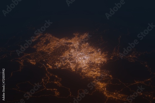 Aerial shot of Arequipa  Peru  at night  view from south. Imitation of satellite view on modern city with street lights and glow effect. 3d render