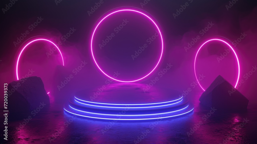 3d futuristic digital podium with blue and pink line neon lamps 3d futuristic digital podium with blue and pink line neon lamps