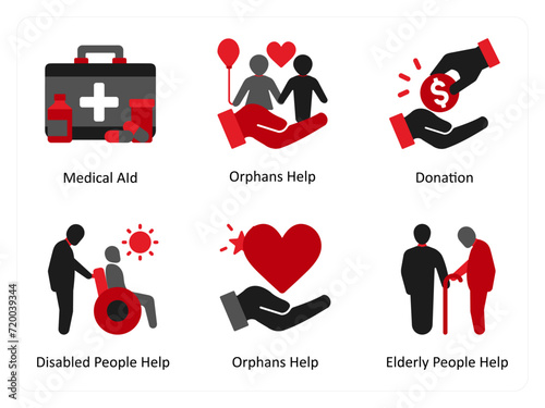 Six Medical icons in red and black as medical aid, orphans help, donation