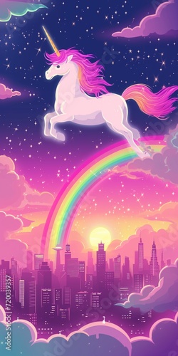 Enchanted Unicorn Overlooking Cityscape - Hand-Drawn Fantasy Wallpaper Art with Rainbow and Pink Clouds