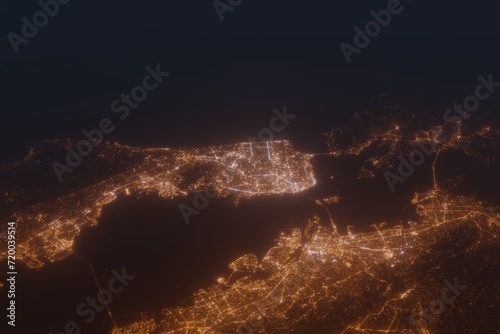 Aerial shot on San Francisco (California, USA) at night, view from east. Imitation of satellite view on modern city with street lights and glow effect. 3d render photo