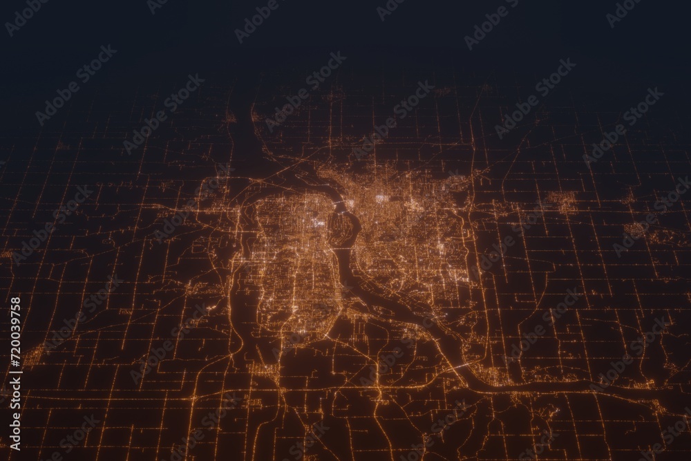 Aerial shot on Davenport (Iowa, USA) at night, view from east. Imitation of satellite view on modern city with street lights and glow effect. 3d render - obrazy, fototapety, plakaty 