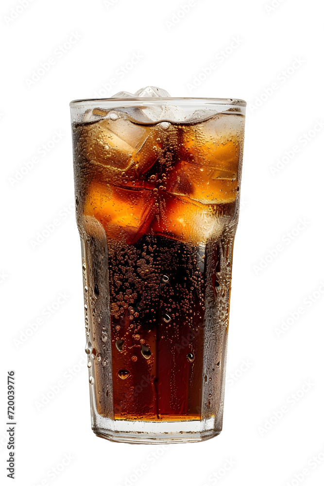 a glass of cola with ice on a transparent background