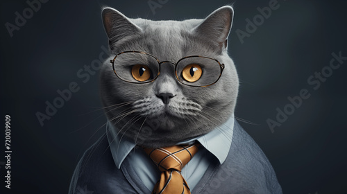 A Chartreux Cat looking at camera with Eyeglasses. Funny and Cute image.