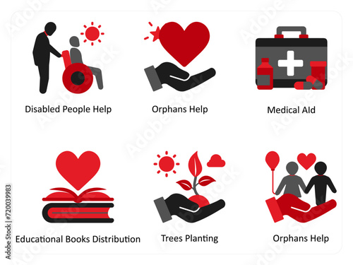 Six Medical icons in red and black as disabled people help, orphans help, medical aid