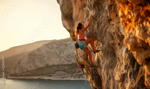 Woman Rock Climber Climbing Cliff Mountain Concept