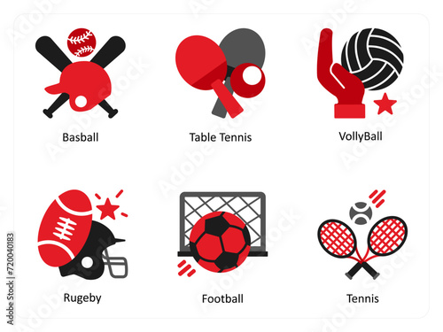 Six Games icons in red and black as baseball, table tennis, volley ball