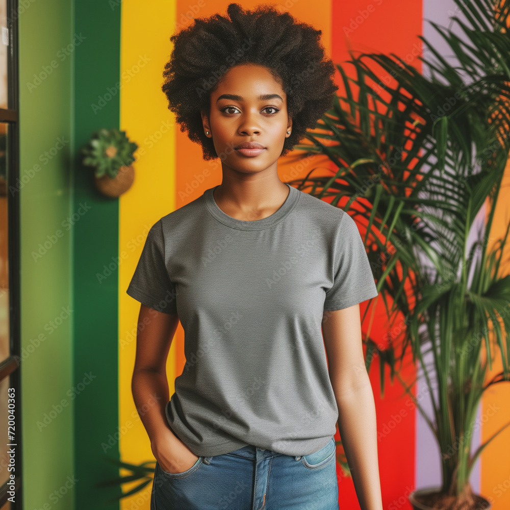 Grey T-shirt Mockup, Black Woman, Girl, Female, Model, Wearing an Grey Tee Shirt and Blue Jeans, Fitted Blank Shirt Template, Standing in a Room with Plants, Close-up View Grey T-shirt Mockup, Black Woman, Girl, Female, Model, Wearing an Grey Tee Shirt and Blue Jeans, Fitted Blank Shirt Template, Standing in a Room with Plants, Close-up View