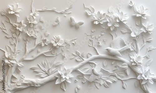Enchanted Forest Scene: Romantic Sculptured Wallpaper Art with Trees, Flowers, Birds, and Butterflies in a Volumetric White Design © Vasilya
