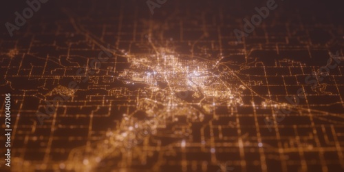 Street lights map of Eau Claire (Wisconsin, USA) with tilt-shift effect, view from north. Imitation of macro shot with blurred background. 3d render, selective focus