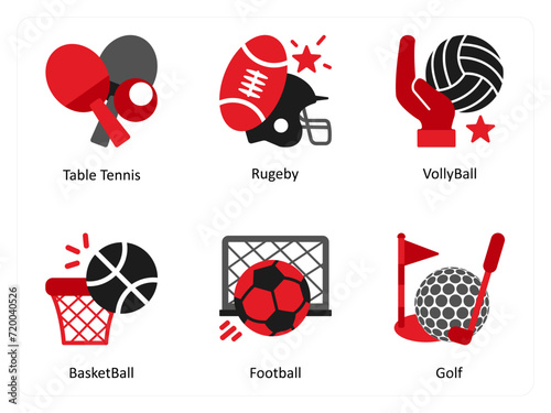 Six Games icons in red and black as table tennis, rugeby, volley ball