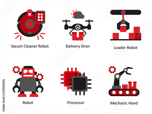 Six Drone icons in red and black as vacuum cleaner robot, delivery drone, loader robot