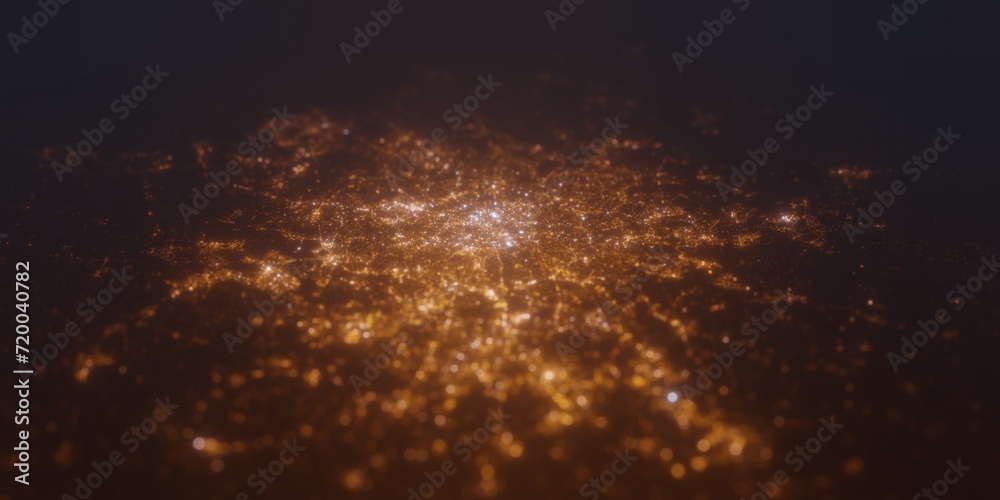 Street lights map of Paris (France) with tilt-shift effect, view from south. Imitation of macro shot with blurred background. 3d render, selective focus