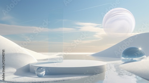 surreal landscape with round podium glass in the water and white sand © fledermausstudio