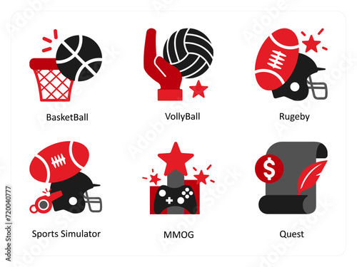 Six game icons in red and black as basket ball, volley ball, rugeby
