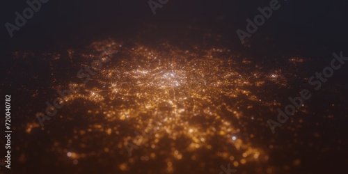 Street lights map of Paris (France) with tilt-shift effect, view from south. Imitation of macro shot with blurred background. 3d render, selective focus