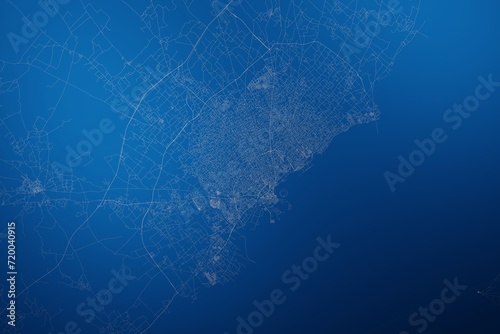Stylized map of the streets of Sfax (Tunisia) made with white lines on abstract blue background lit by two lights. Top view. 3d render, illustration