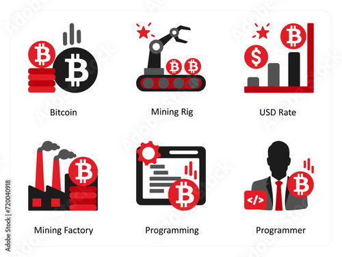 Six business icons in red and black as bitcoin, mining rig, usd rate