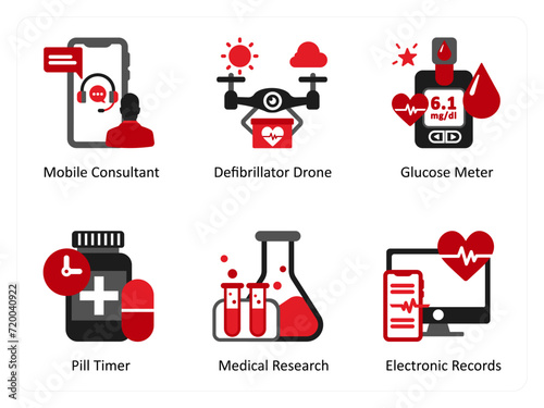 Six medical icons in red and black as mobile consultant, defibrilator drone, glucose meter