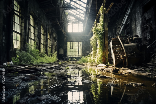 abandoned factory building with puddles of water and vegetation growing inside